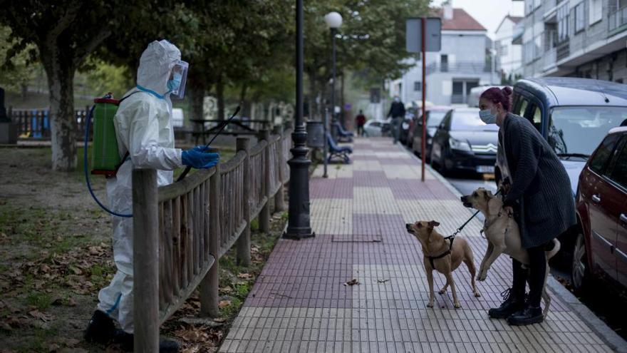 Un operario, durante las labores de desinfección en Ourense. // Brais Lorenzo