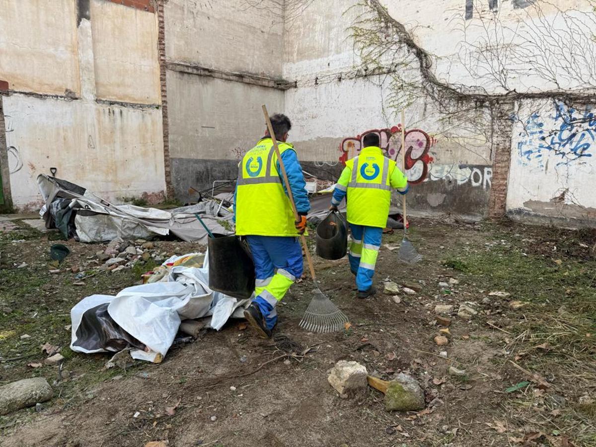 Trabajadores de limpieza viaria trabajan en el aseamiento del solar desocupado en Badalona