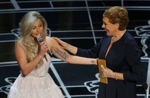 Lady Gaga pays tribute to Julie Andrews after performing songs from the Sound of Music at the 87th Academy Awards in Hollywood, California