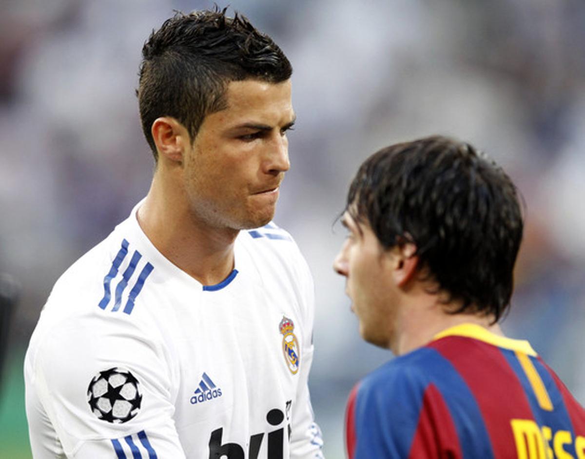 Cristiano Ronaldo i Leo Messi, en un instant del partit d’anada de la semifinal de la Champions.