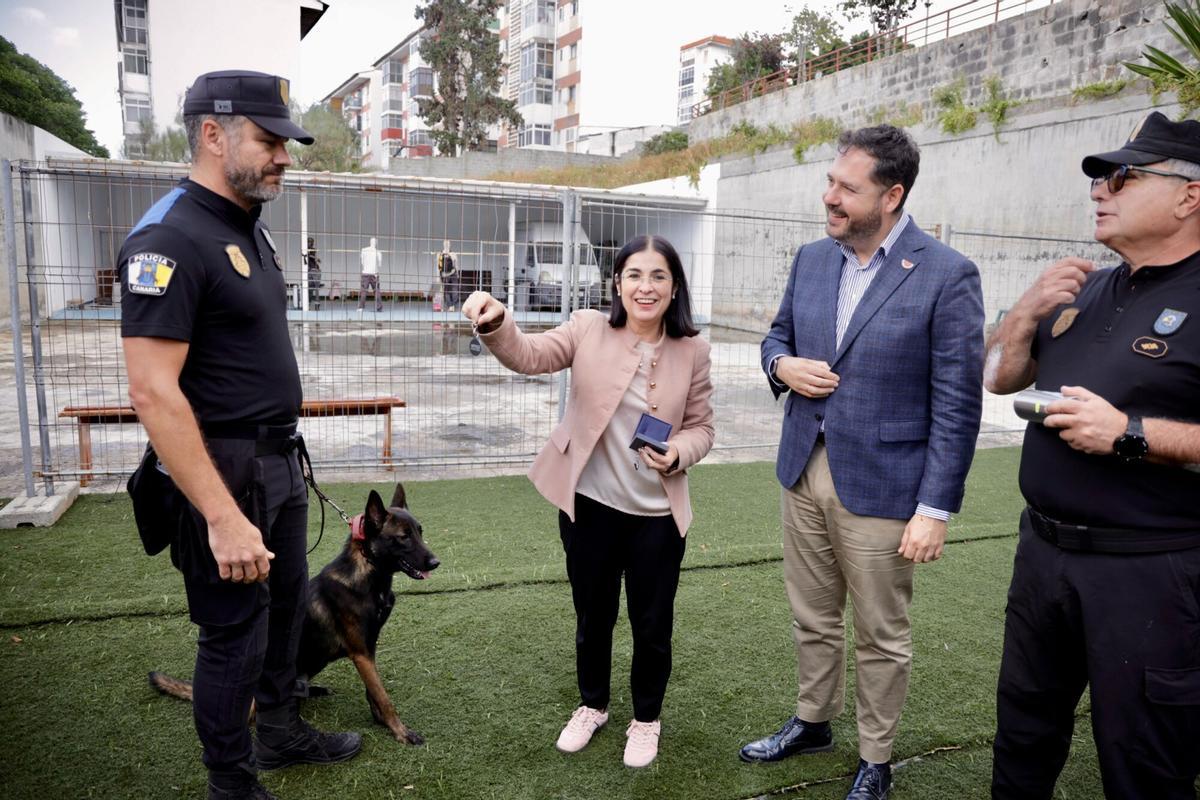 La alcaldesa, Carolina Darias, hace entrega a Apolo de la 'placa' de Policía Local.