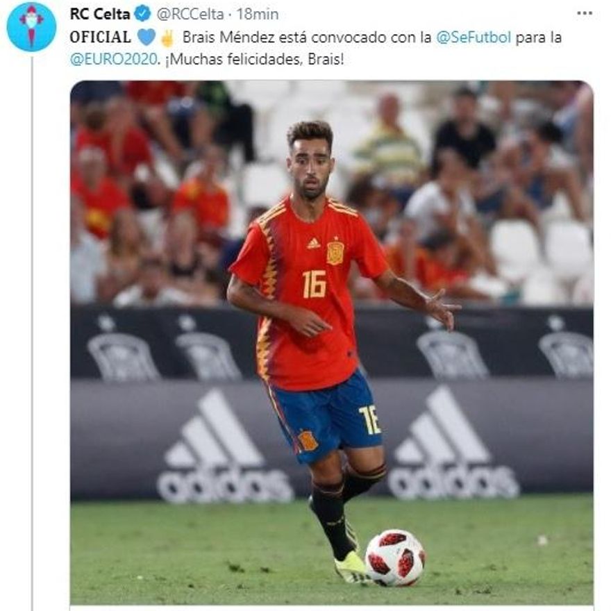 Tuit del Celta dando por sentada la convocatoria de Brais para la Eurocopa que tuvo que borrar después.