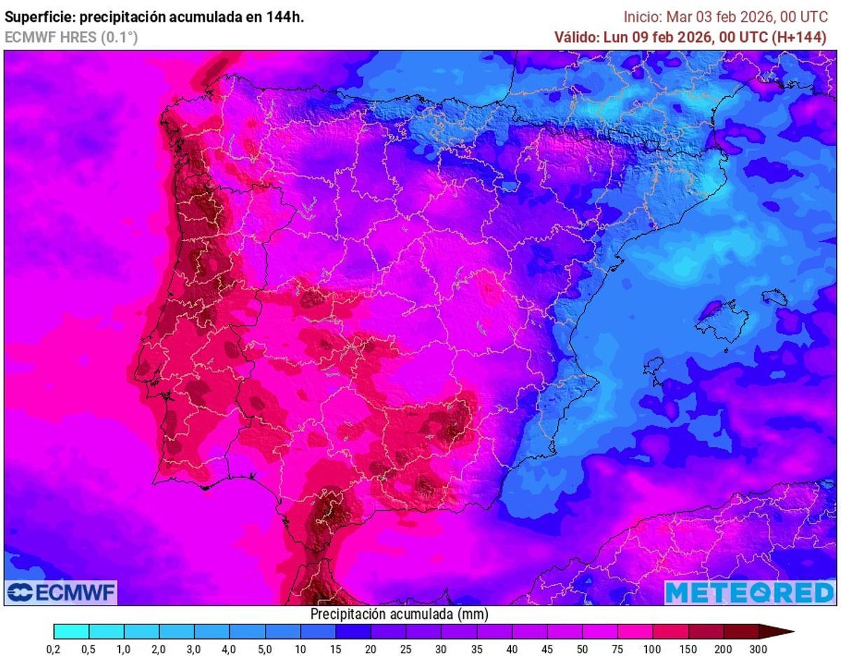 Precipitación acumulada hasta la medianoche del domingo al lunes 9 de febrero