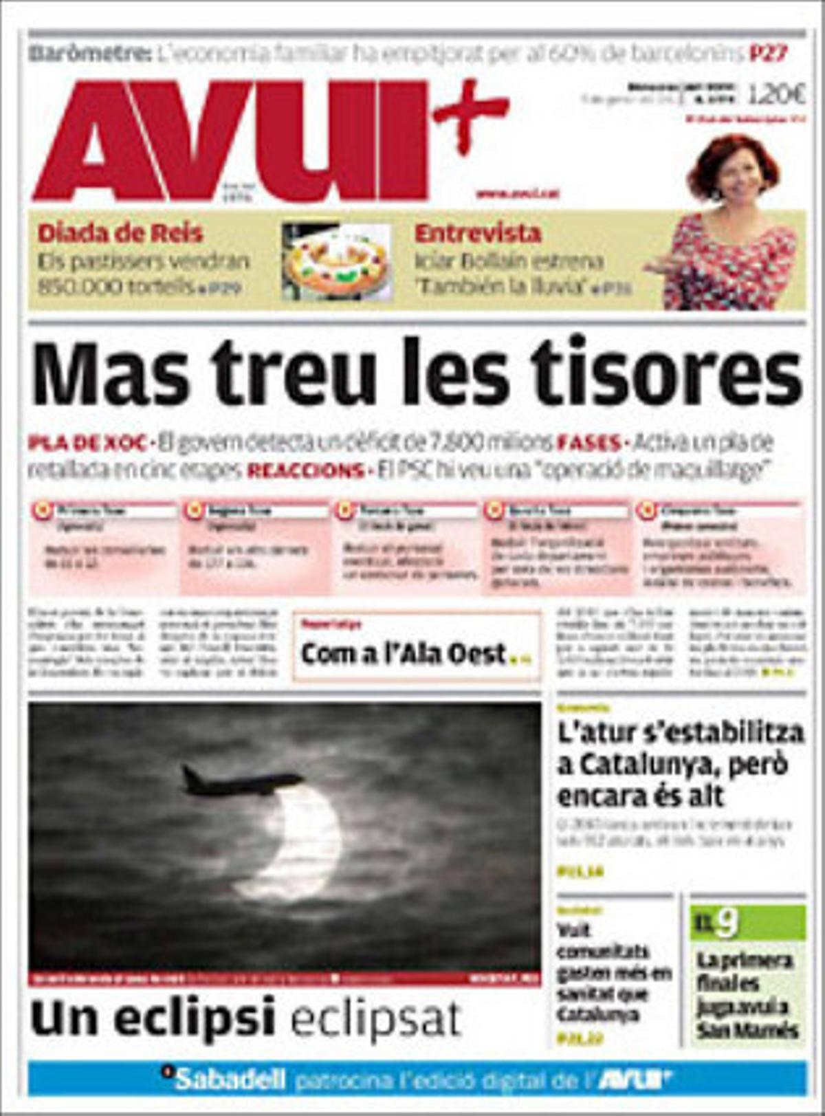 L’Avui’ destaca a més que Joaquim Nadal considera que la retallada anunciada per Artur Mas és merament simbòlica; que Guissona es converteix en el 14è ajuntament que aprova una moció de censura contra les sentències del Tribunal Suprem que qüestionen la immersió lingüística; que vuit autonomies gasten més en sanitat --en euros per habitant-- que Catalunya i que el Col·legi de Metges reitera que es faciliti la participació dels professionals en la contenció i racionalització de la despesa.