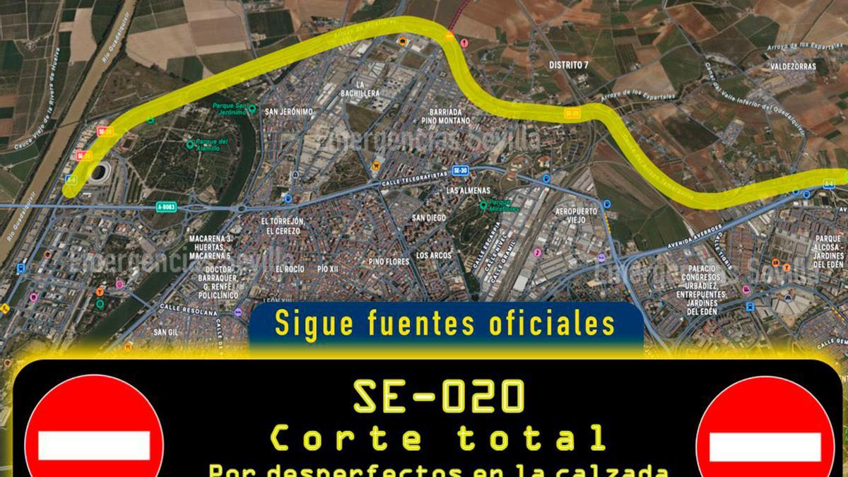 Corte total de la SE-20 por los efectos de las lluvias.