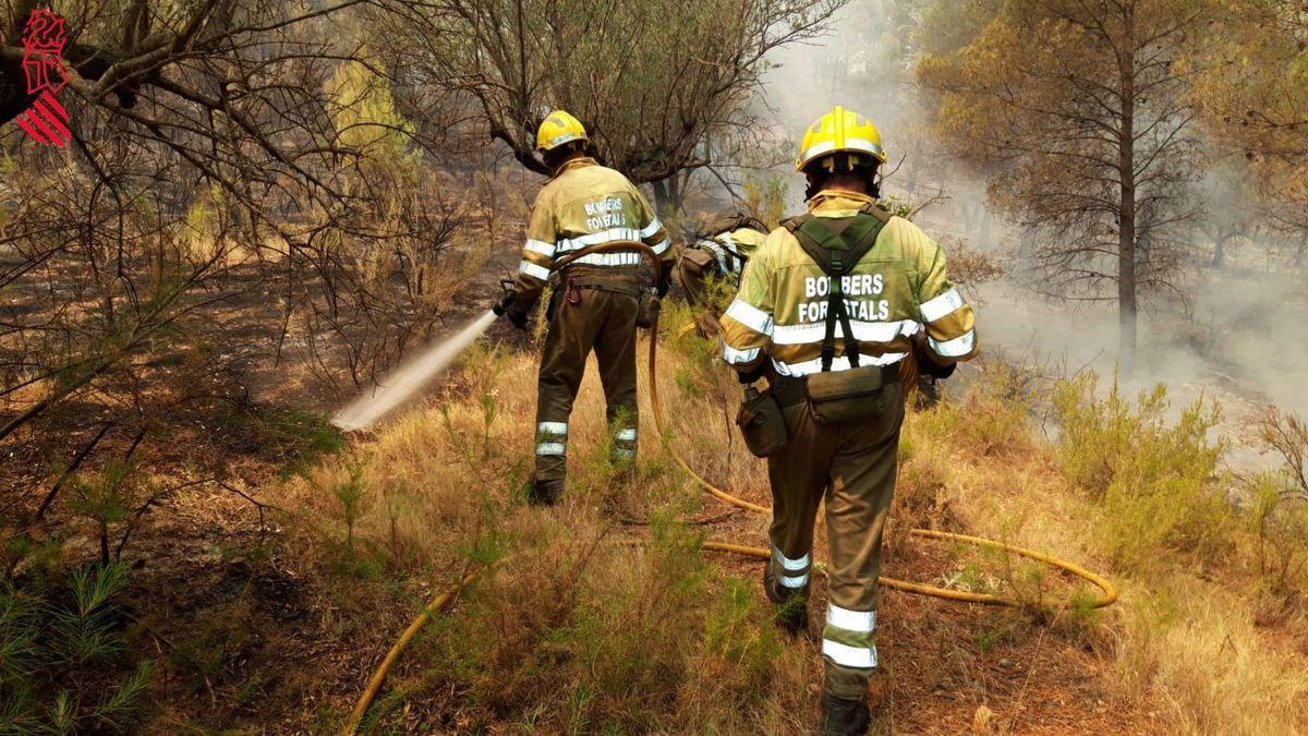 Bomberos forestales refrescan una zona todavía humeante del incendio de Bejís.