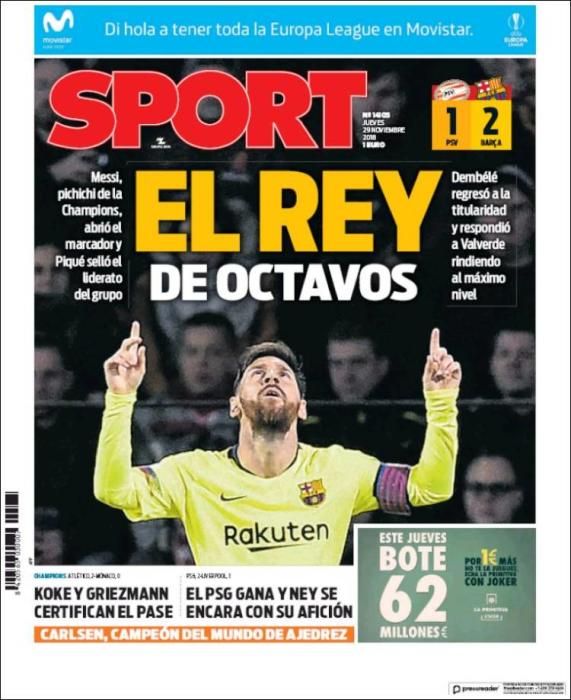 Portada SPORT jueves 29 noviembre 2018