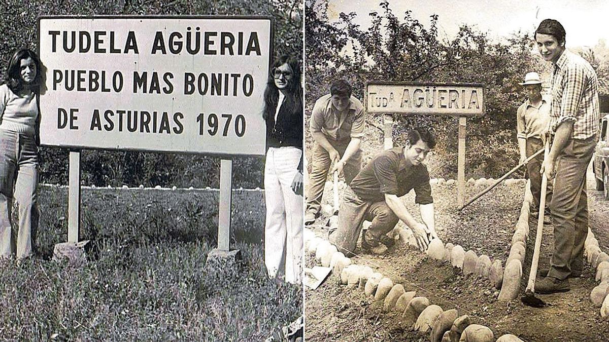 Dos chicas junto al cartel del galardón y jóvenes adecentan el pueblo para el premio.