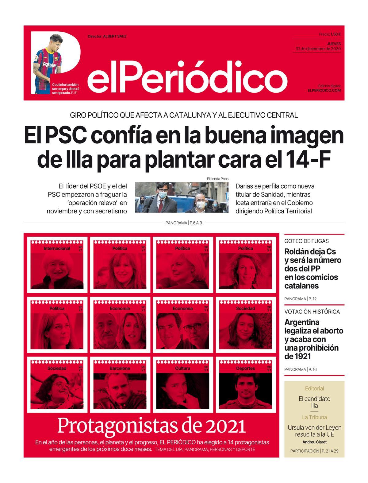 La portada d’EL PERIÓDICO del 31 de desembre del 2020 i l’1 de gener del 2021