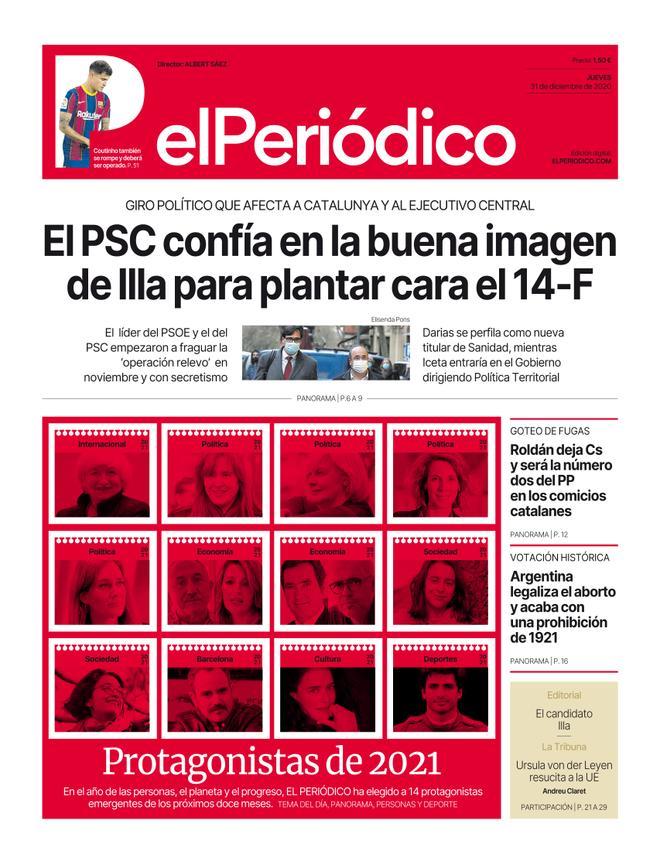 La portada d’EL PERIÓDICO del 31 de desembre del 2020 i l’1 de gener del 2021