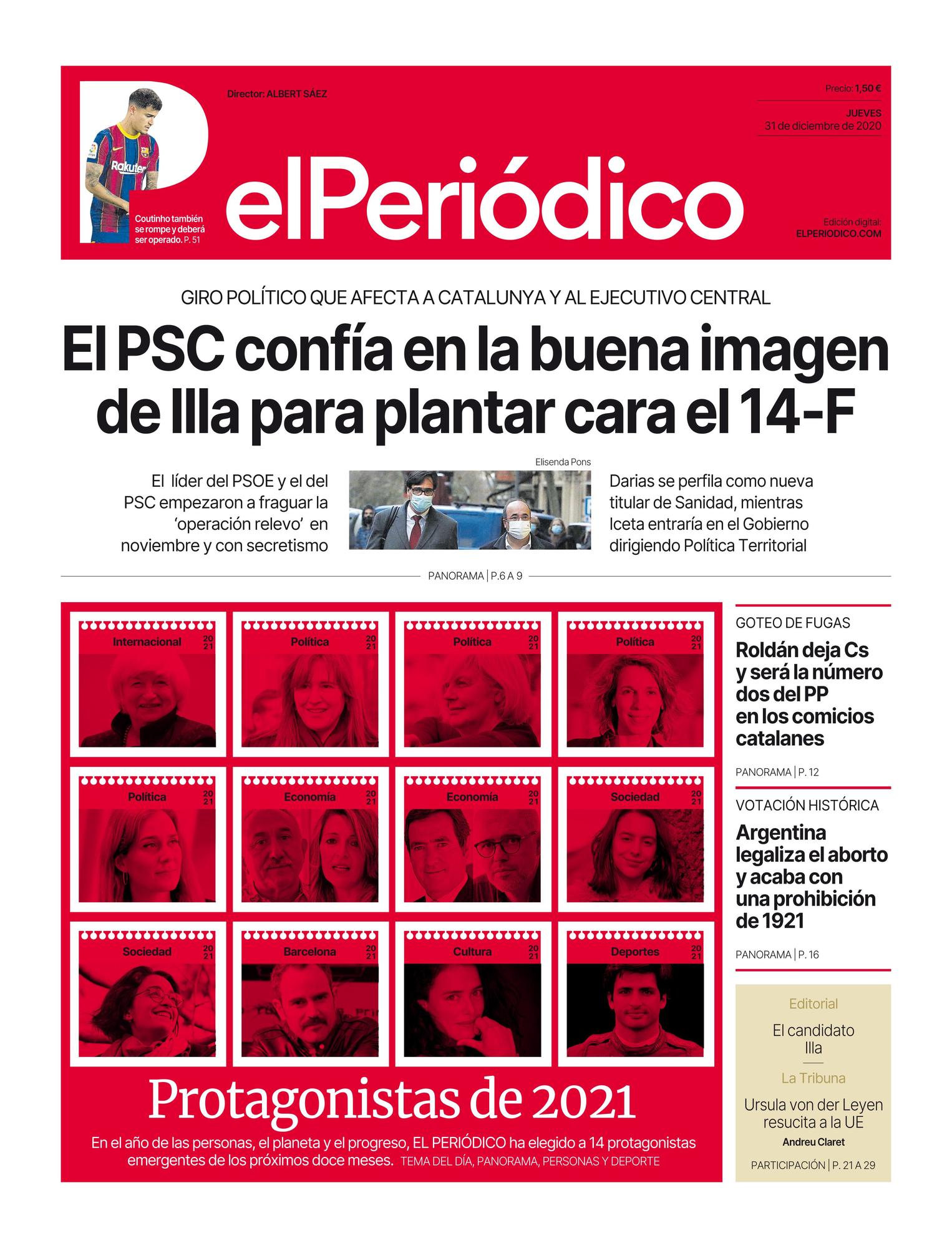 La portada de EL PERIÓDICO del 31 de diciembre del 2020 y 1 de enero del 2021.