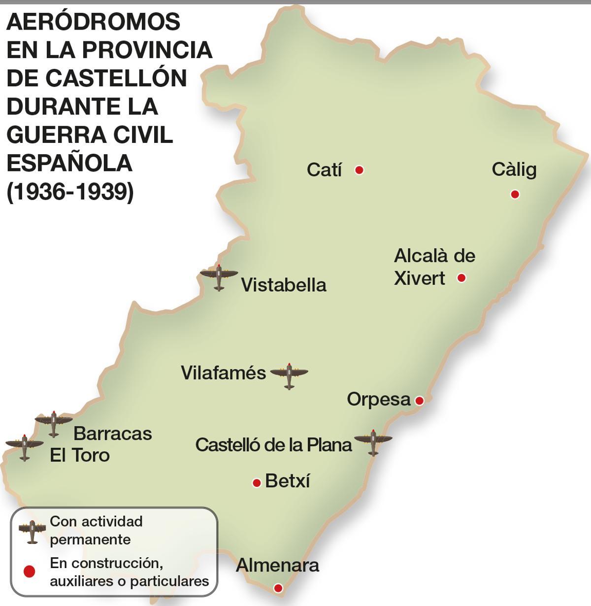 Mapa de aeródormos en la provincia de Castellón durante la guerra civil