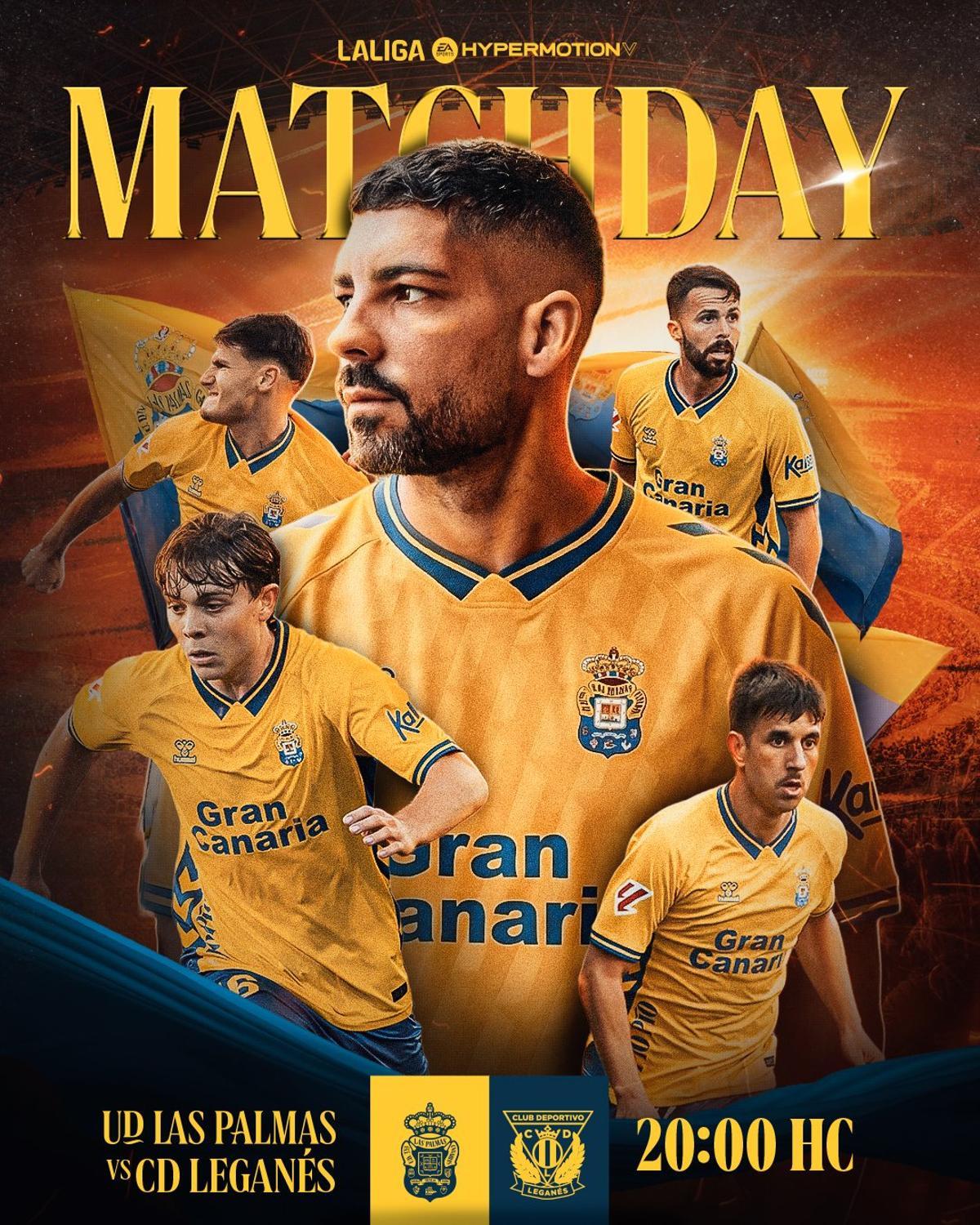 Imagen de promoción del partido contra el Leganés con un fotomontaje con los rostros de Álex Suárez, Fuster, Cristian Gutiérrez, Kirian y Amatucci.