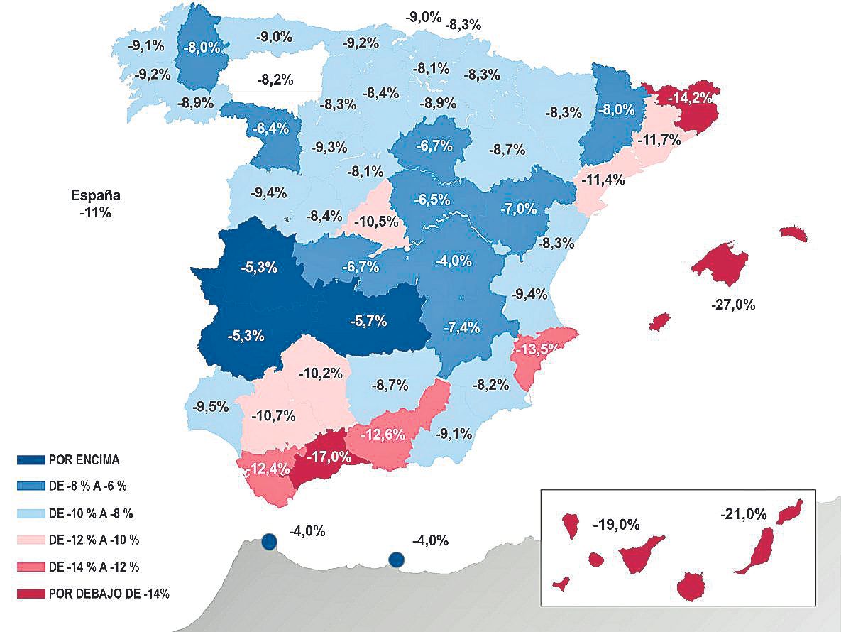 MAPA 1 | Estimación de la variación interanual del PIB de 2020 por provincias