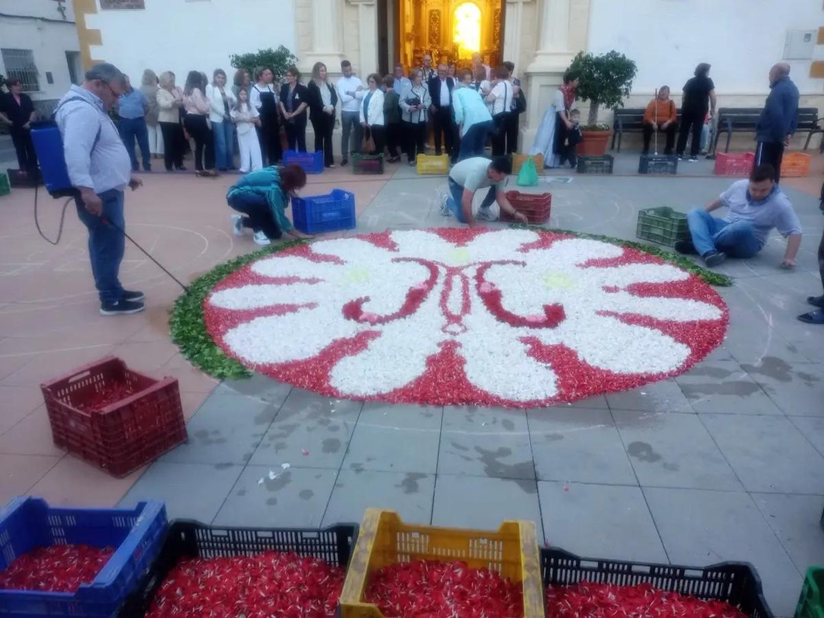 Vecinos de Desamparados montando el tapiz floral este mes de mayo