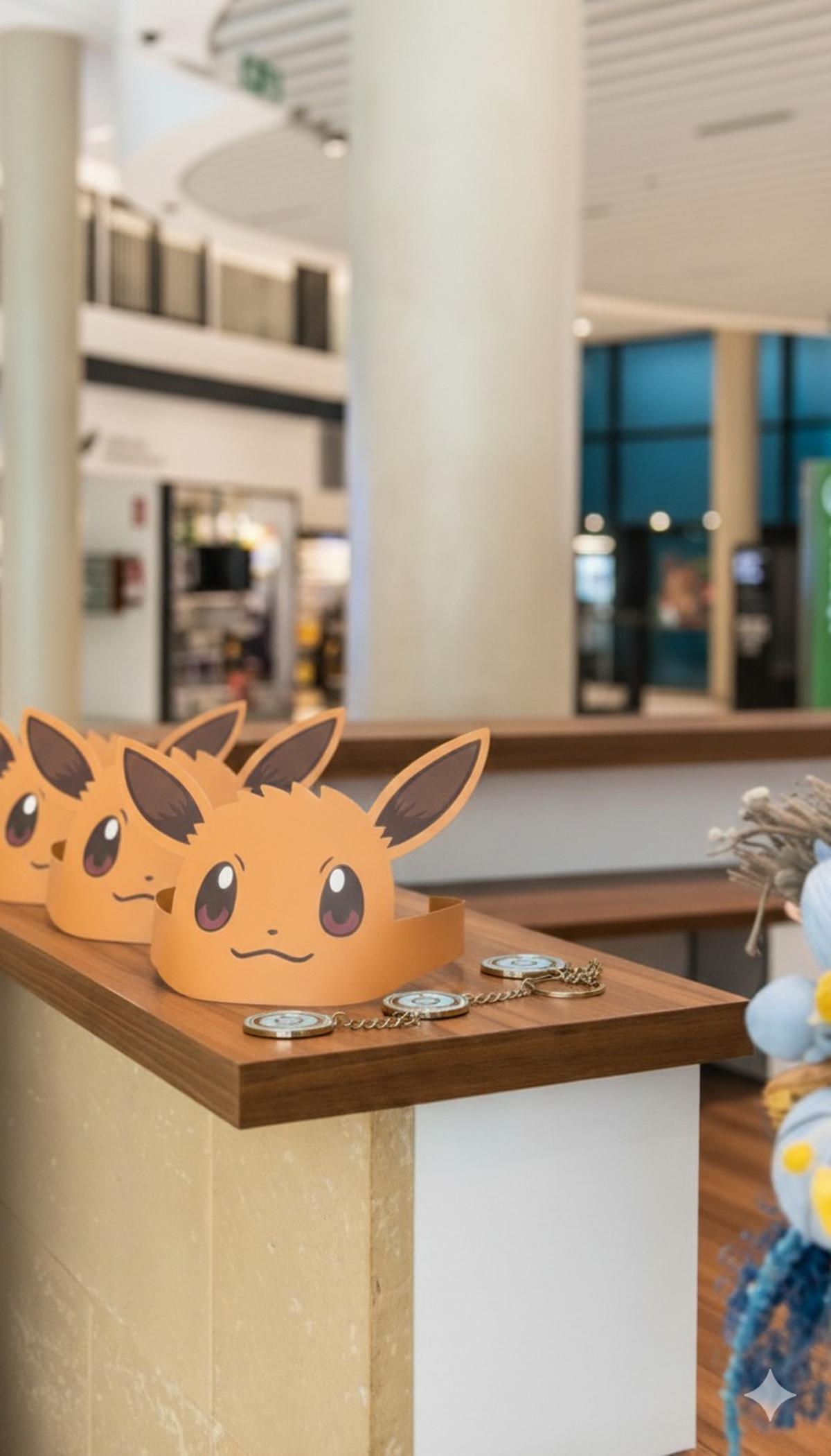 Viseras de Eevee y llaveros para los participantes.