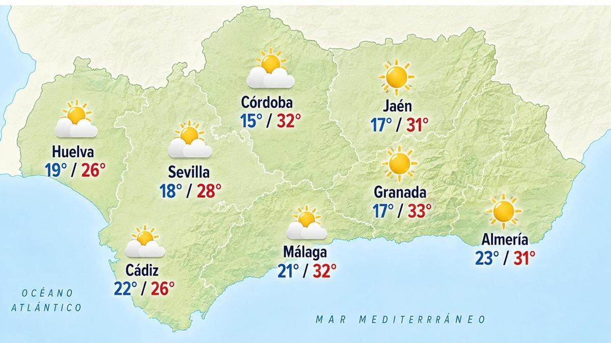 Mapa del tiempo para el fin de semana en Andalucía elaborado por IA con datos oficilaes de la Aemet