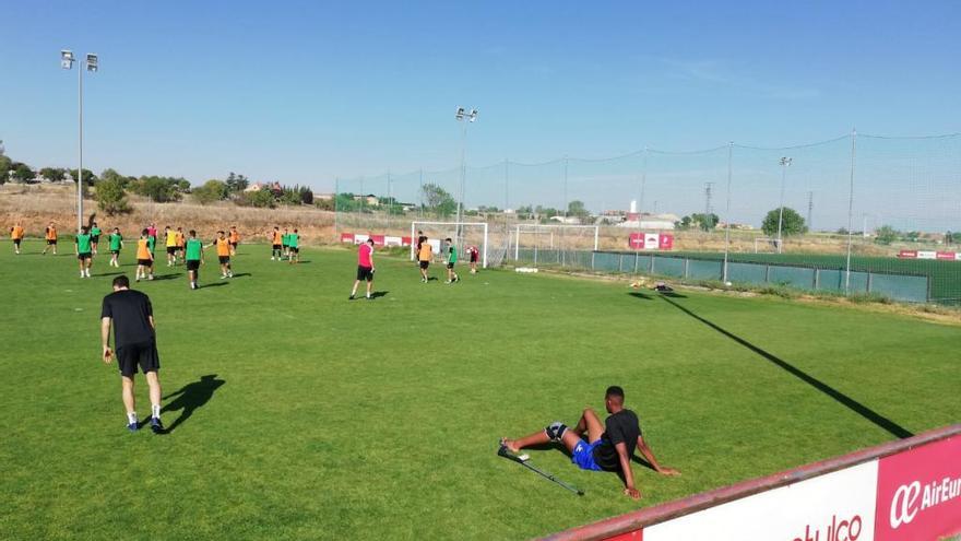 Perrini, de negro en la parte inferior izquierda de la foto, prueba su rodilla en el entrenamiento del pasado miércoles