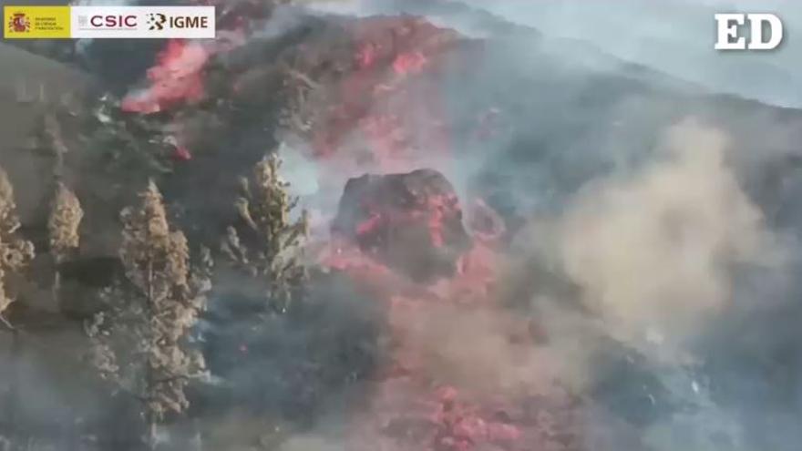 Si quieres ver cómo se transporta un gran bloque sobre la colada de lava del volcán de La Palma no te pierdas este vídeo