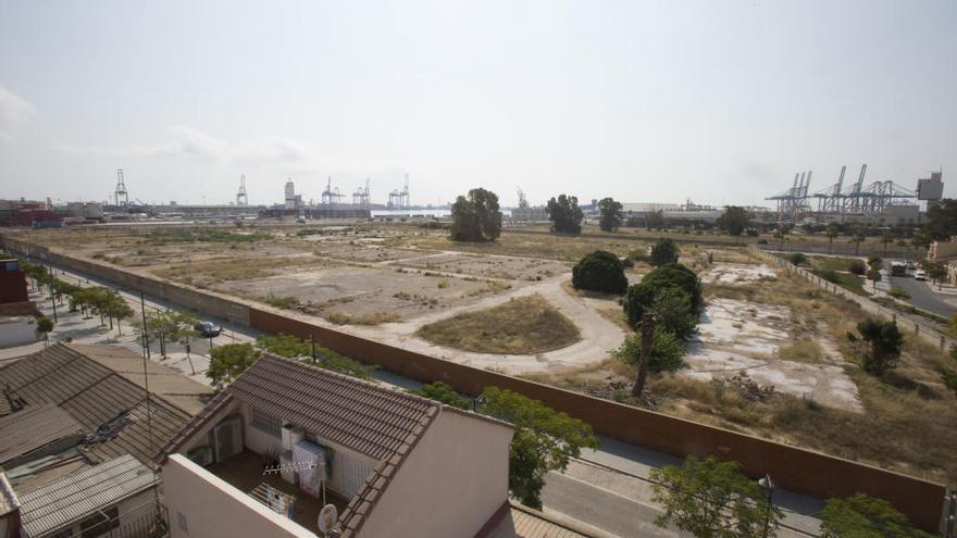 Vista de los terrenos en que se ubicará el parque, con el muro que será derribado.