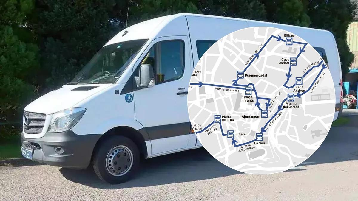 Imatge d'un minibús Mercedes i del plànol del recorregut de l'L11
