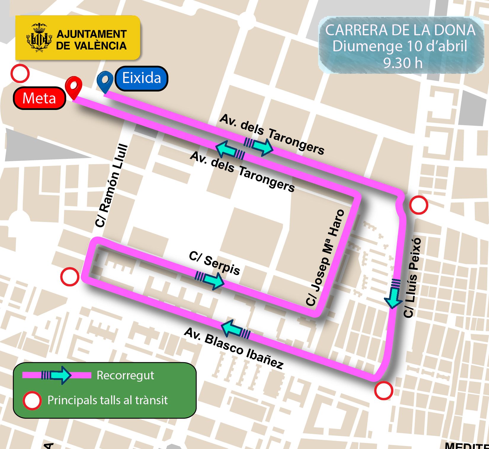 La carrera tiene la salida en la avenida de los Naranjos y circulará por Lluís Peixó, Marí Blas de Lezo, avenida de Blasco Ibáñez, calle de Ramon Llull, calle del Serpis, José María Haro, calle de Campillo de Altobuey y avenida de los Naranjos hasta la meta ubicada a la altura de la Facultad de Magisterio.