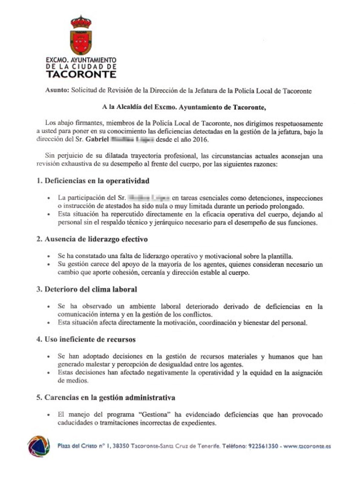 Imagen parcial del texto remitido a la alcaldesa de Tacoronte