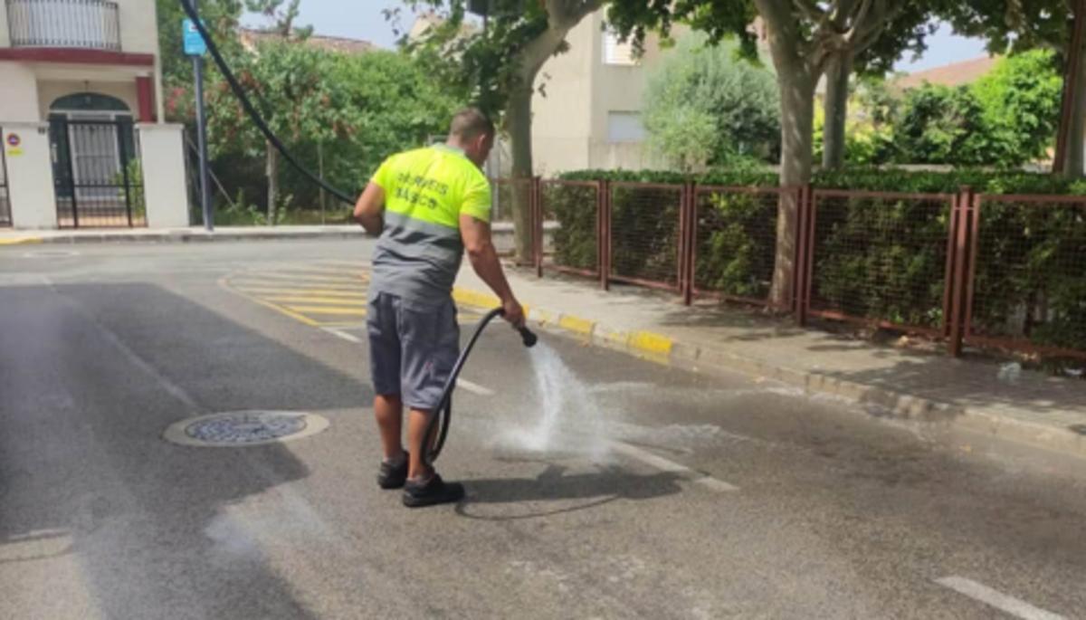 Un operario, en plena tarea de limpiza de viales en el Real de Gandia