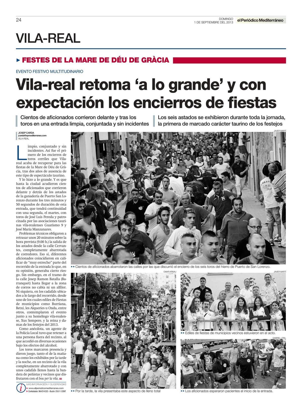 Imagen de la página que el periódico 'Mediterráneo' dedicó en el 2013 al primero de los encierros de cerriles de los dos programados para las fiestas de la Mare de Dér de Gràcia.