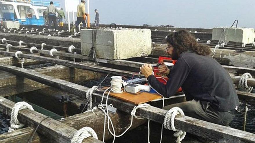 David Santos, instalando hidrófonos en una batea para grabar el ruido submarino.