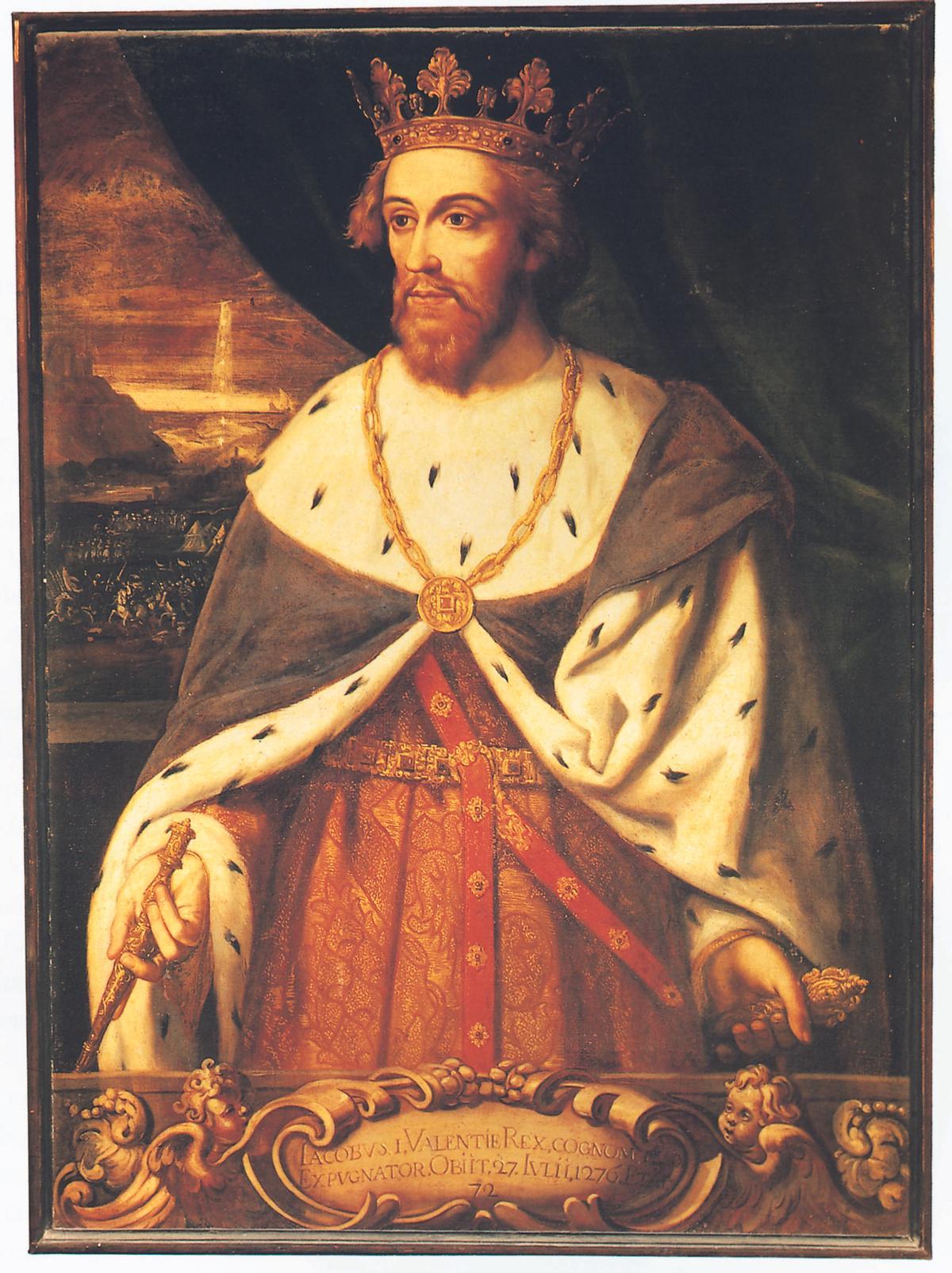 Retrato de Jaume I, que se halla en el Palau de la Generalitat, pintado por Esteban March (h. 1660). A la derecha del rey está representada la batalla de El Puig, decisiva, para Jaime I (Fets, caps. 217-219), en la conquista de València y su Reino.