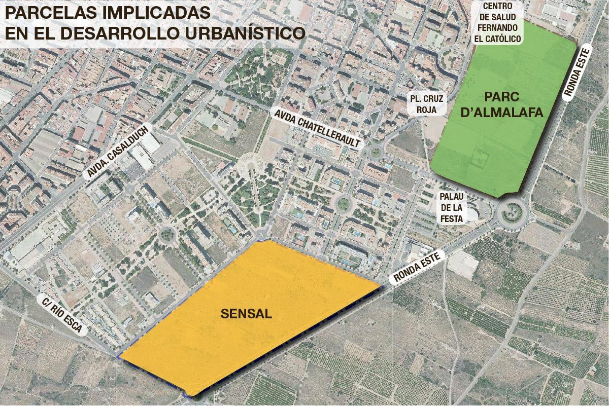 Plano con las dos pastillas urbanísticas a las que afecta el plan parcial de Sensal.
