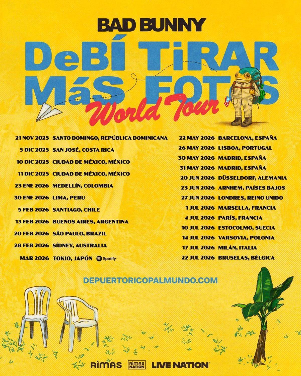 El cartel oficial de la gira de Bad Bunny por su álbum 'Debí tirar más fotos'.