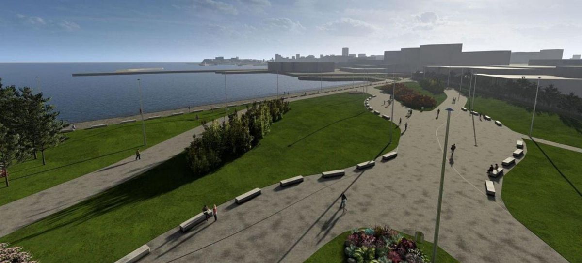 Una recreación de las zonas de paseo y jardines de la adecuación provisional del suelo de Naval Gijón. |