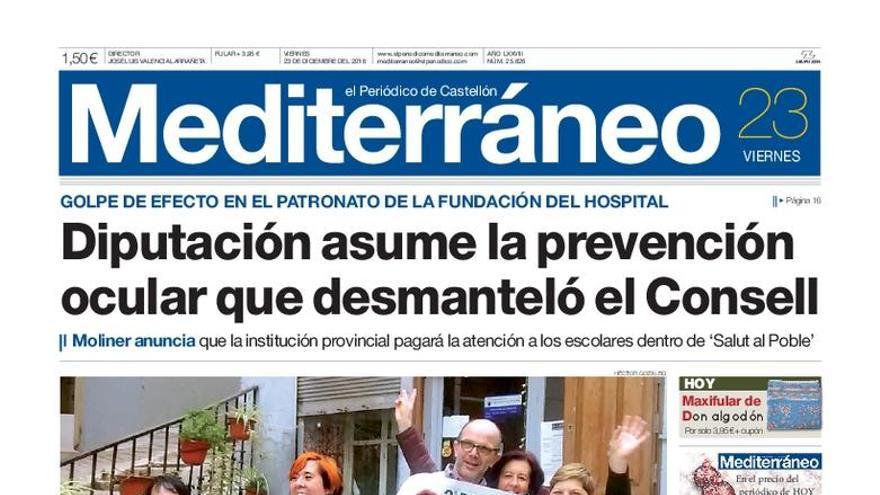 Diputación asume la prevención ocular que desmanteló en Consell, en la portada de Mediterráneo