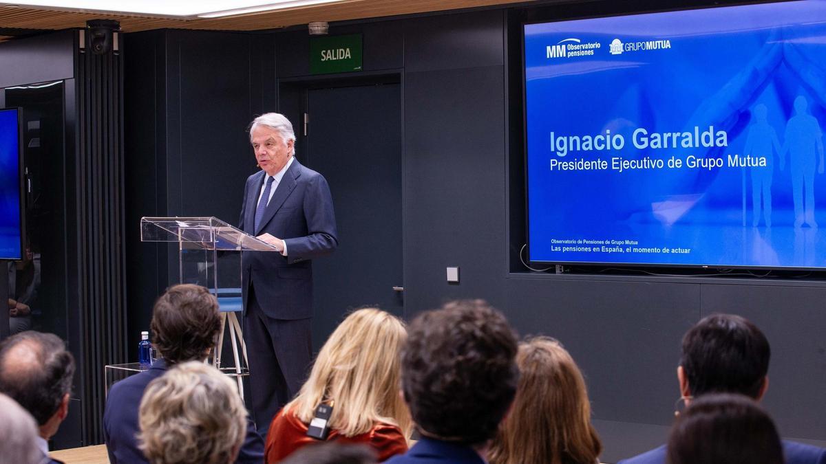 El presidente del Grupo Mutua Madrileña, Ignacio Garralda, durante el Observatorio de Pensiones organizado por la entidad, a 25 de noviembre de 2025, en Madrid (España).