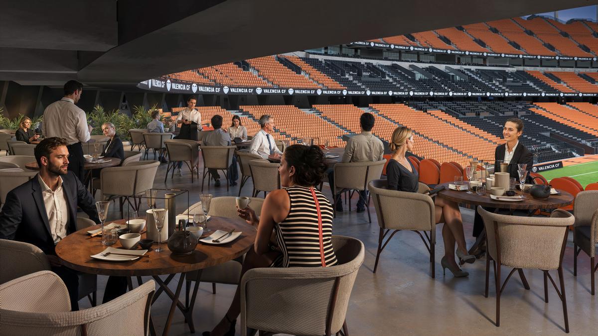 Simulación de una terraza del futuro restaurante con vistas al Nou Mestalla