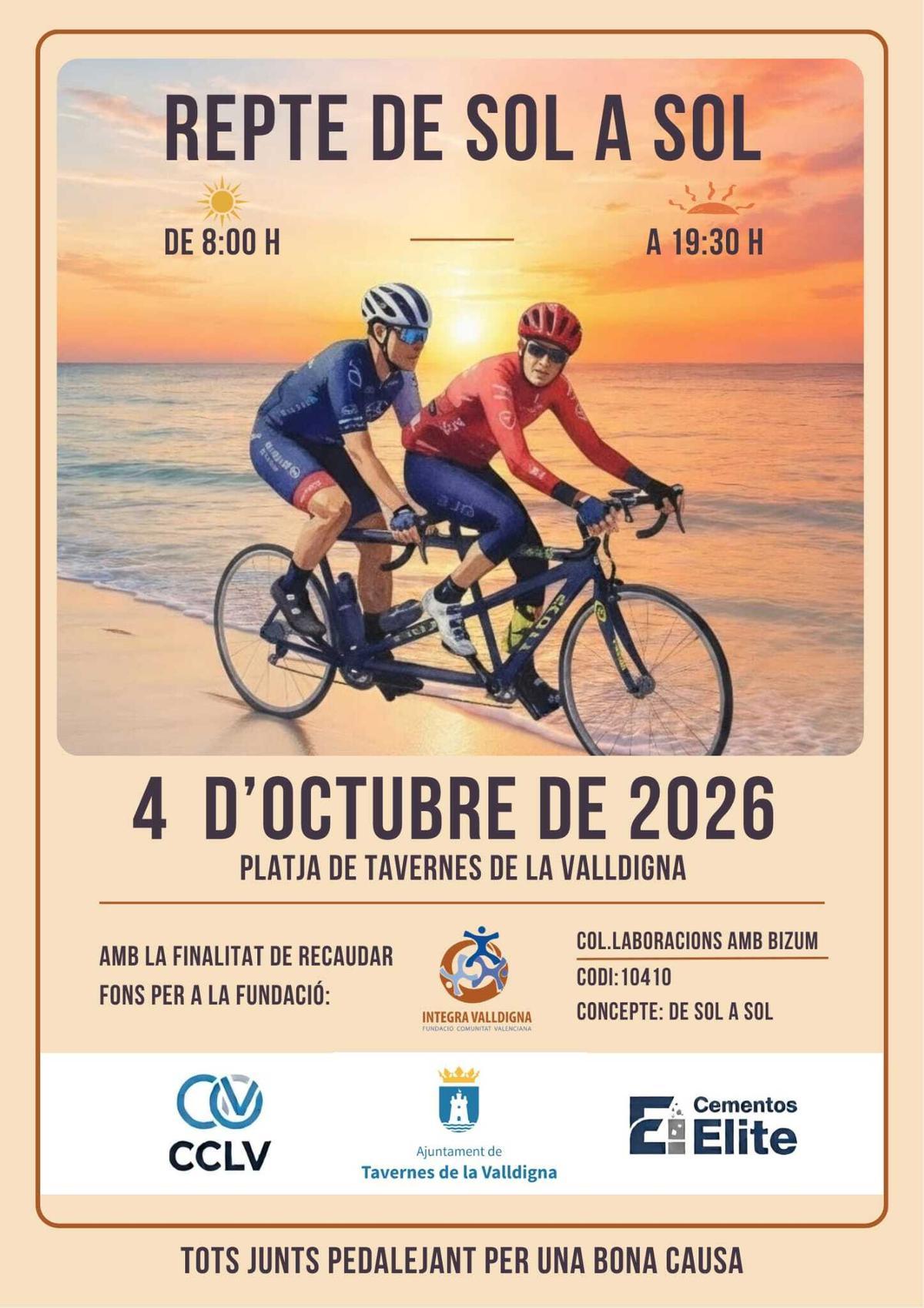 El cartel anunciador del reto solidario en la playa de Tavernes de la Valldigna