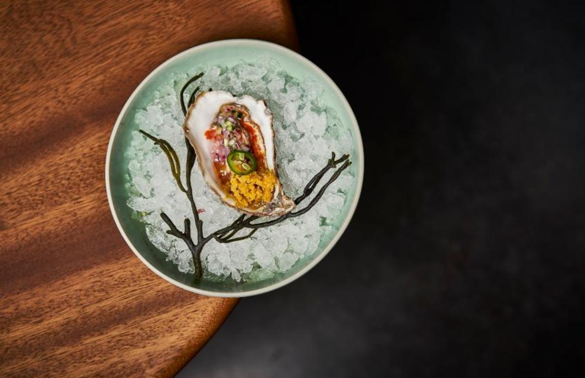 Barracuda MX. Ostra con salsa de chiles fermentados y granizado de maracuyá.