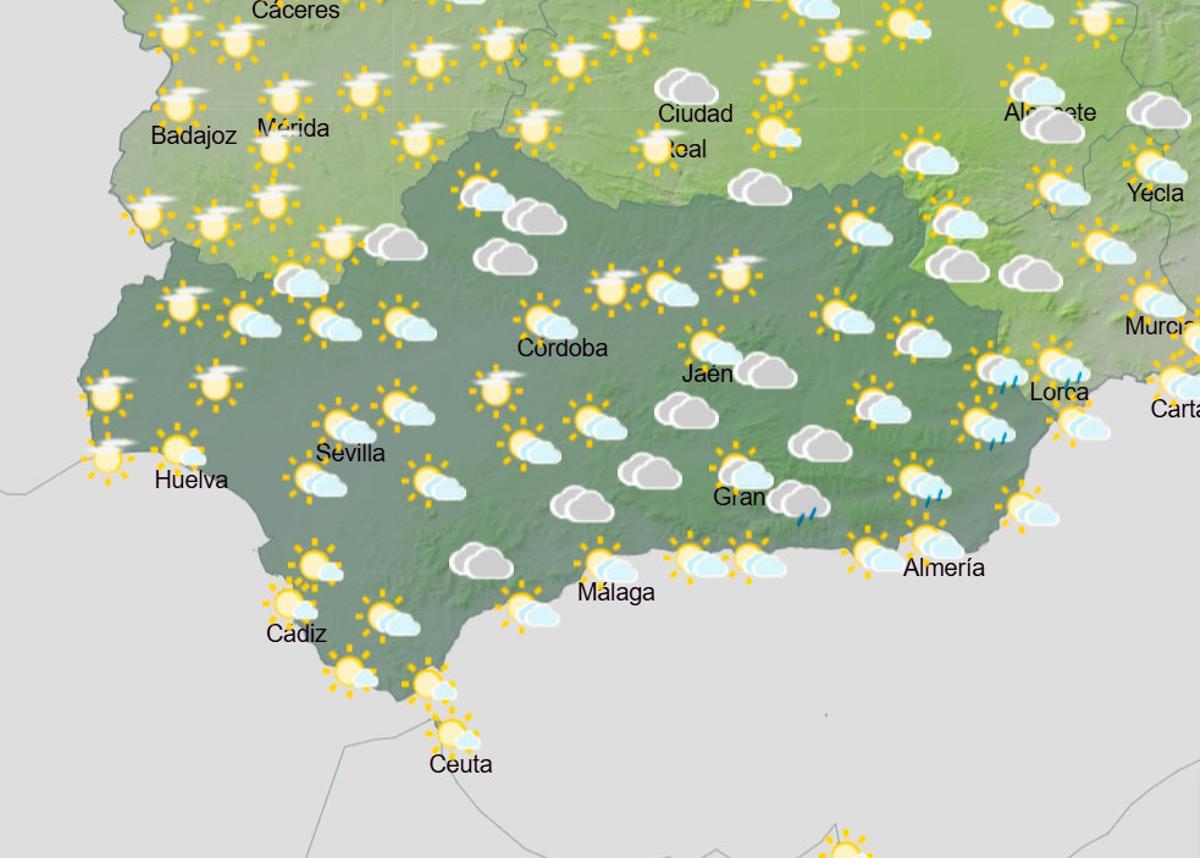 Imagen de la zona de posibles lluvias, débiles, en el litoral de Granada y en la provincia de Almería.