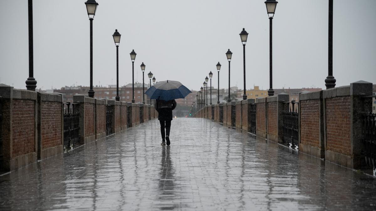 Un viandante bajo la lluvia en el Puente de Palmas de Badajoz.
