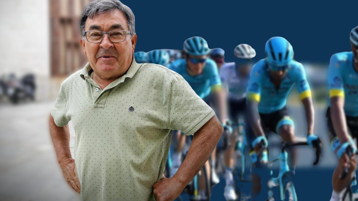 El exciclista profesional Vicente Belga y una imagen de corredores del equipo Astana.