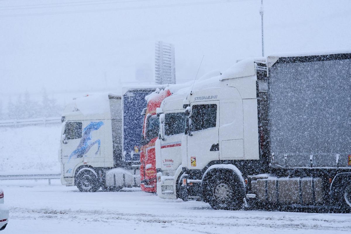 Varios camiones parados por la nieve durante el pasado fin de semana.