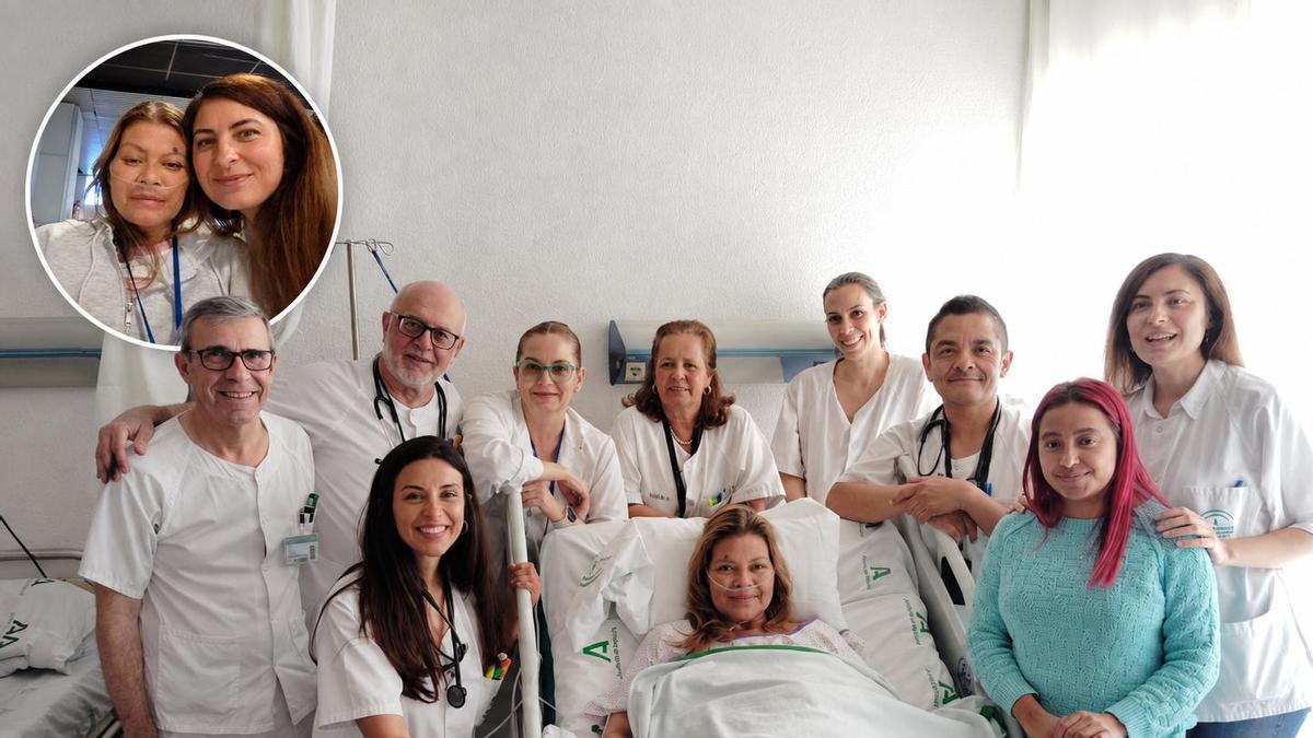 En la imagen grande, Nohemí, paciente hondureña, junto a su hija y el equipo de profesionales del Hospital Provincial de Córdoba. En el círculo, Nohemí junto a Jéssica Paz, trabajadora social de cuidados paliativos del Reina Sofía.