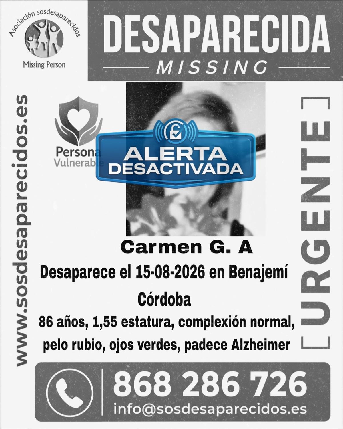 Desacativada la alerta por al desparición de Carmen G. A. en Benamejí.
