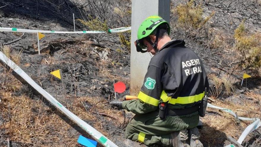 Imatge de la investigació per part d&#039;Agents Rurals d&#039;un incendi.