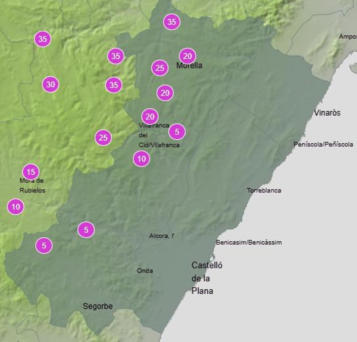 Probabilidad de precipitaciones prevista para el sábado 11 entre las 12.00 y las 18.00 horas