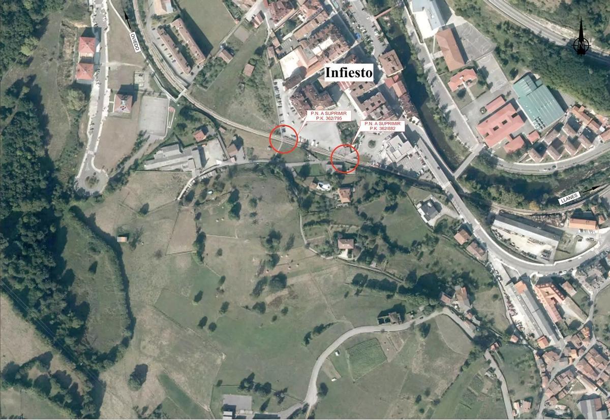 La ubicación de los dos pasos a nivel.