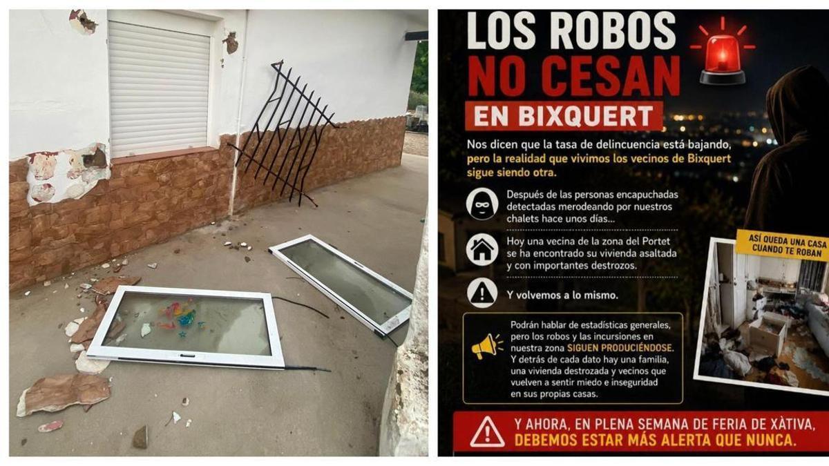 A la izquierda, las ventanas arrancadas por los ladrones. A la derecha, el cartel compartido por el grupo Vecinos organizados de Bixquert.