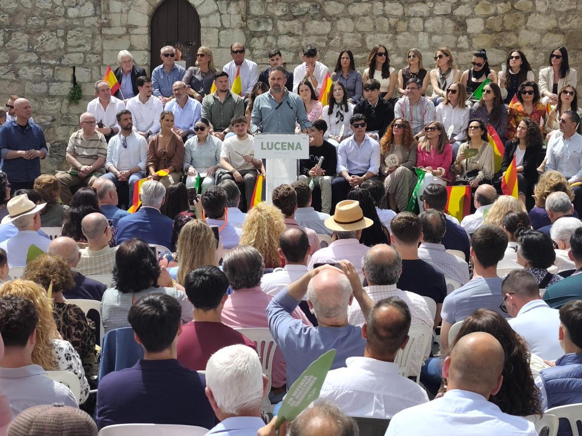 Santiago Abascal, este domingo en el mitin de Vox en Lucena.